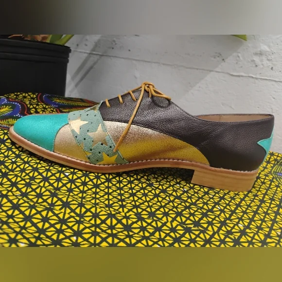 New Women's Teal Brown Gold Leather Oxford  Flats Vintage Style Size 5 -9.5 - Picture 2 of 4